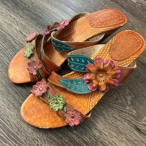 L'ARTISTE Spring Step Brown and Green Bohemian Sandals Floral Heels 10.5-11 42